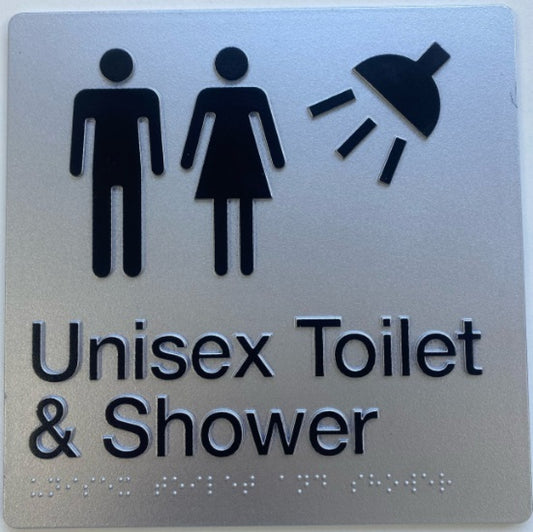 235mm Surface Mounted Unisex Toilet and Shower Braille Sign - 235 x 180 x 3 - Silver