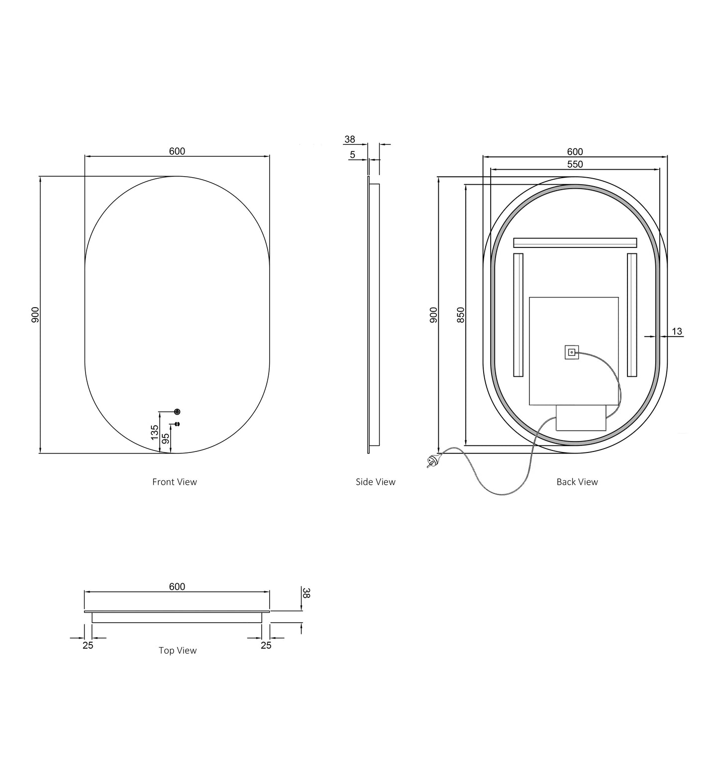 LED Noosa 900x600 Frameless Tuffi Mirror