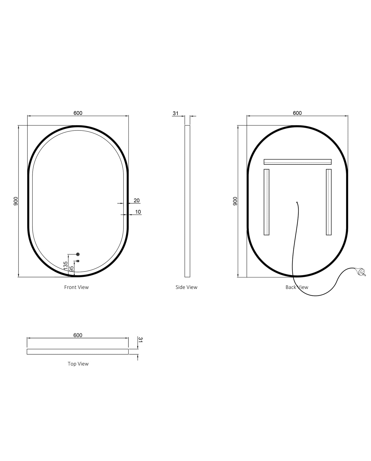LED Noosa 900x600 Gold Metal Frame Mirror