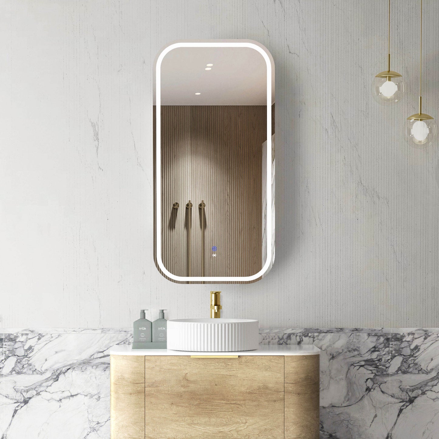 LED Newport 900x450 Natural Oak Shaving Cabinet Soft Square