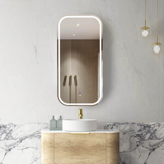 LED Newport 900x450 Natural Oak Shaving Cabinet Soft Square