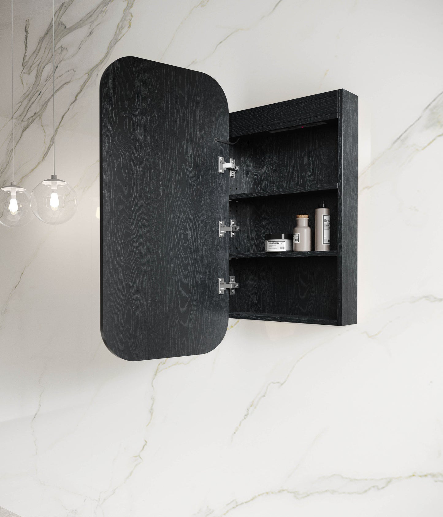 LED Newport 900x450 Black Oak Shaving Cabinet Soft Square