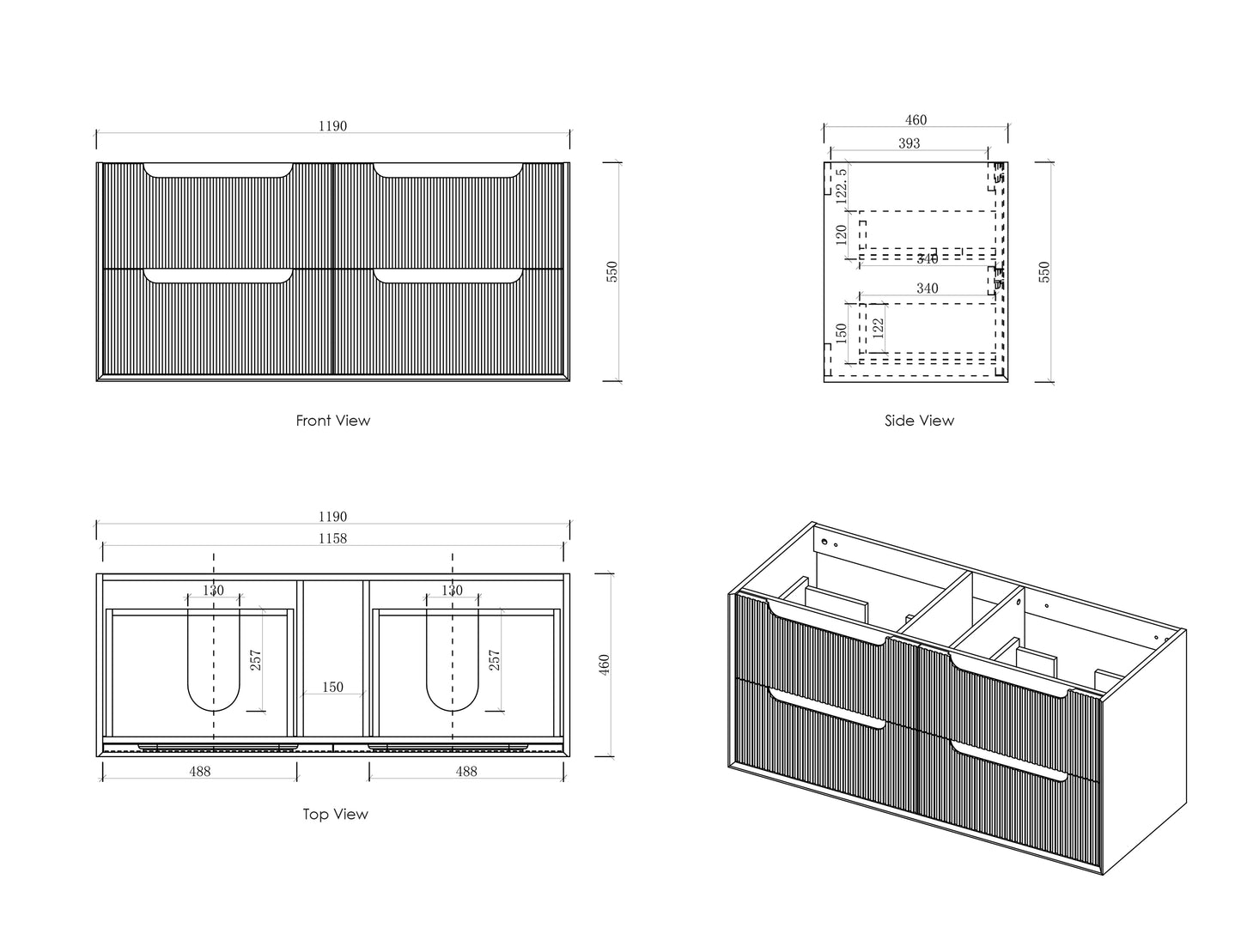 Byron Fluted 1200mm Woodland Oak Four Drawers Wall Hung Vanity - Cabinet Only