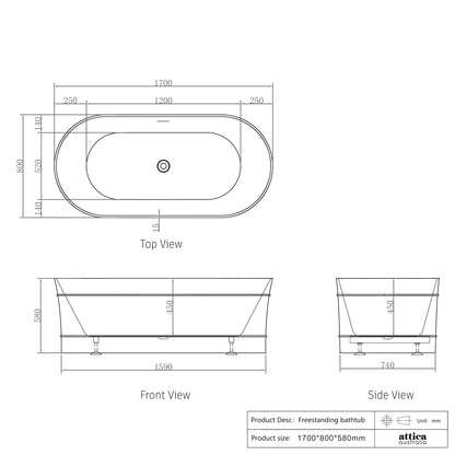 Attica Bondi 1700x800x580 Matte White Freestanding Bath with Overflow.