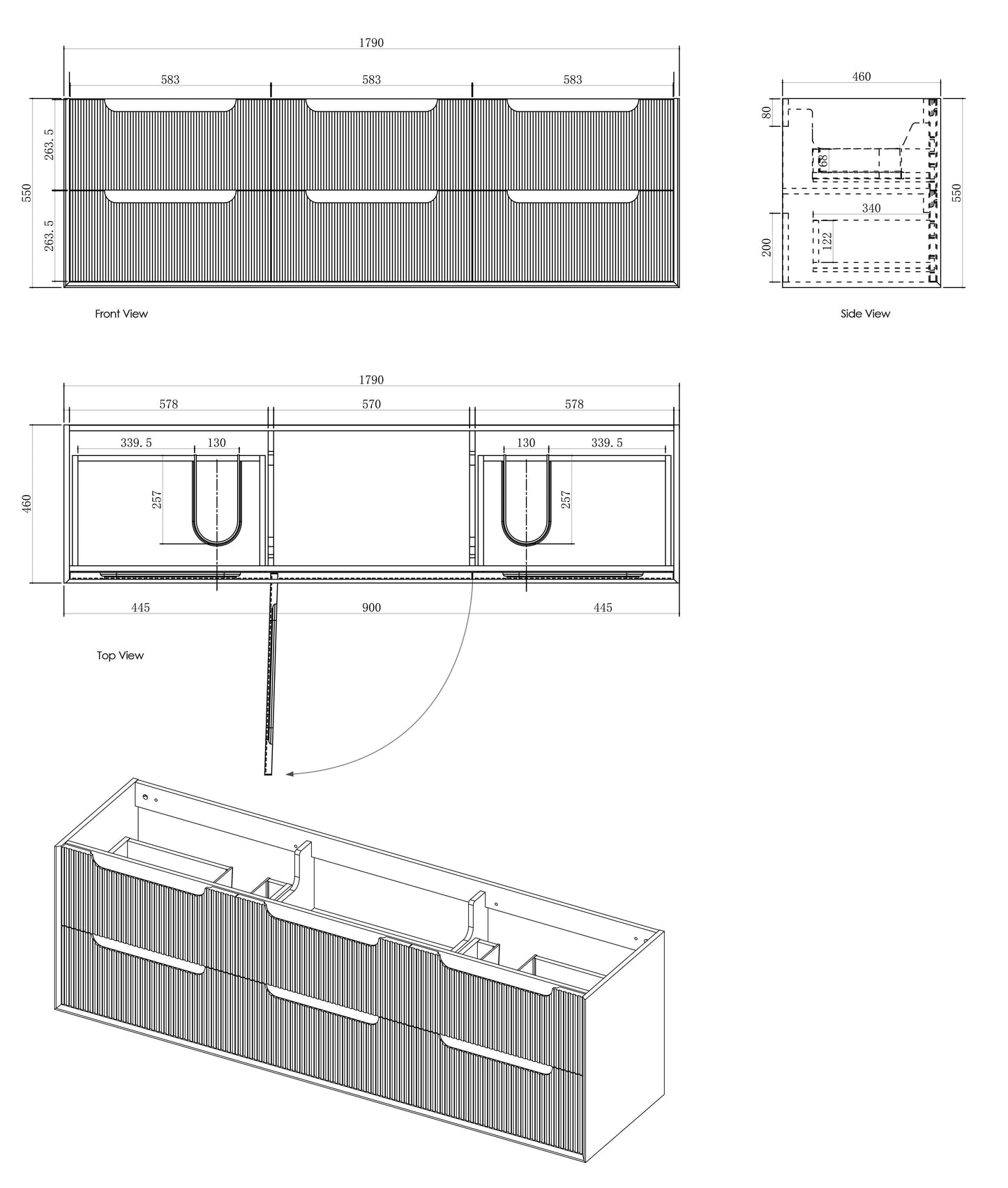 Byron Fluted 1800mm Woodland Oak Wall Hung Cabinet Only