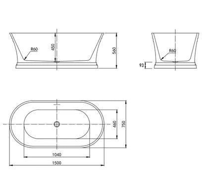 Hampton 1500x750x560 Gloss White Bathtub with Overflow