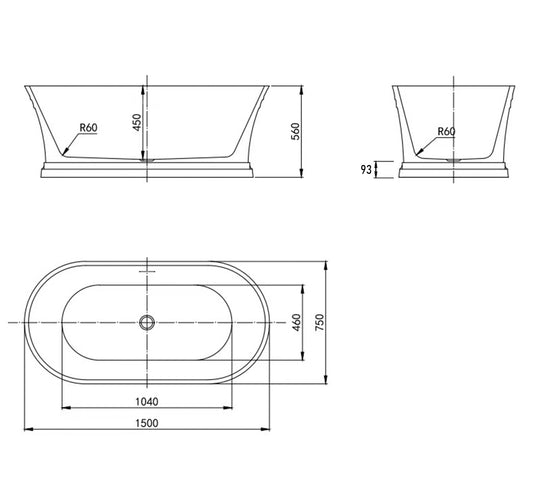 Hampton 1500x750x560 Gloss White Bathtub with Overflow