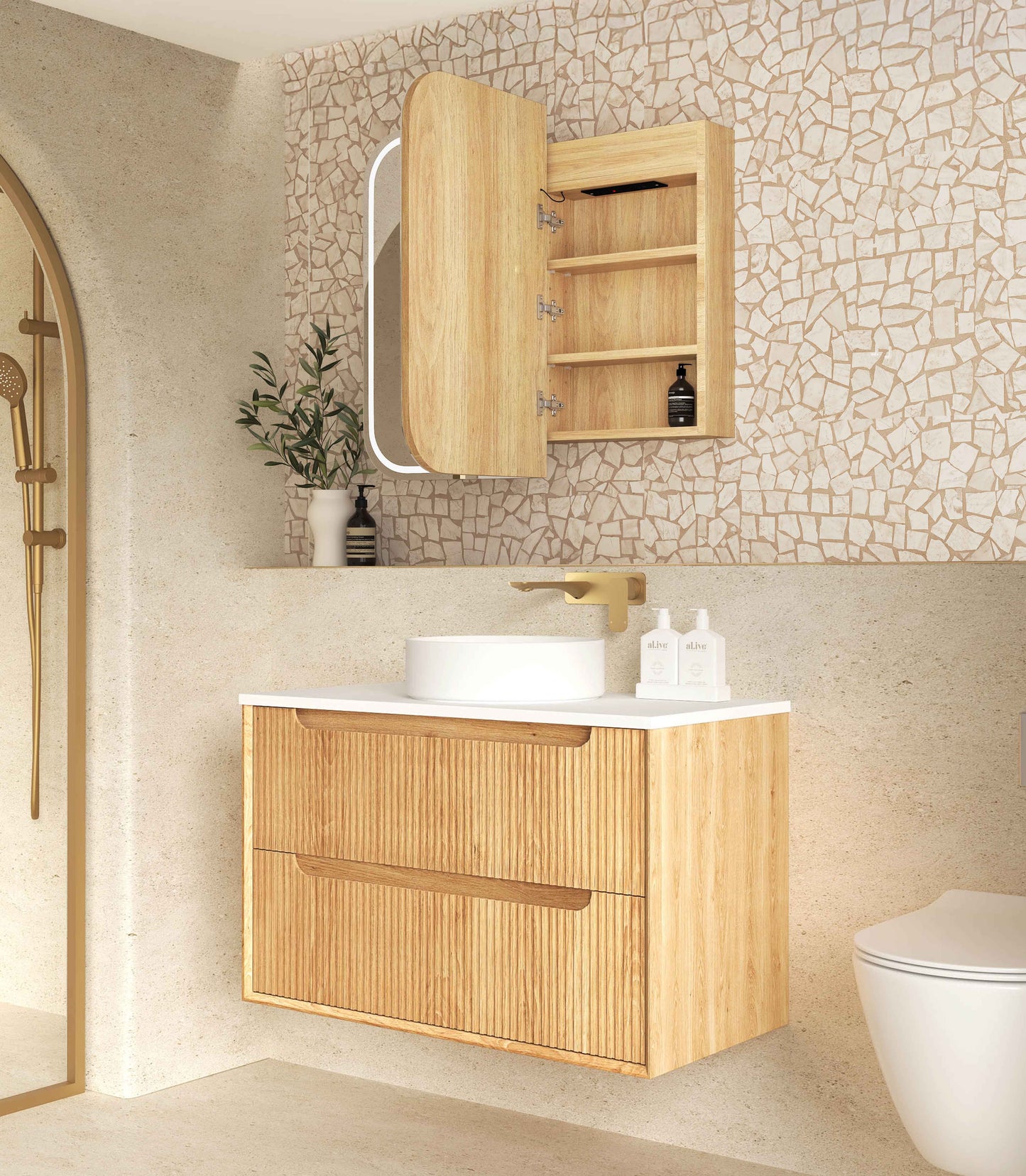 LED Newport 900x750 Natural Oak Shaving Cabinet - Premium Edition