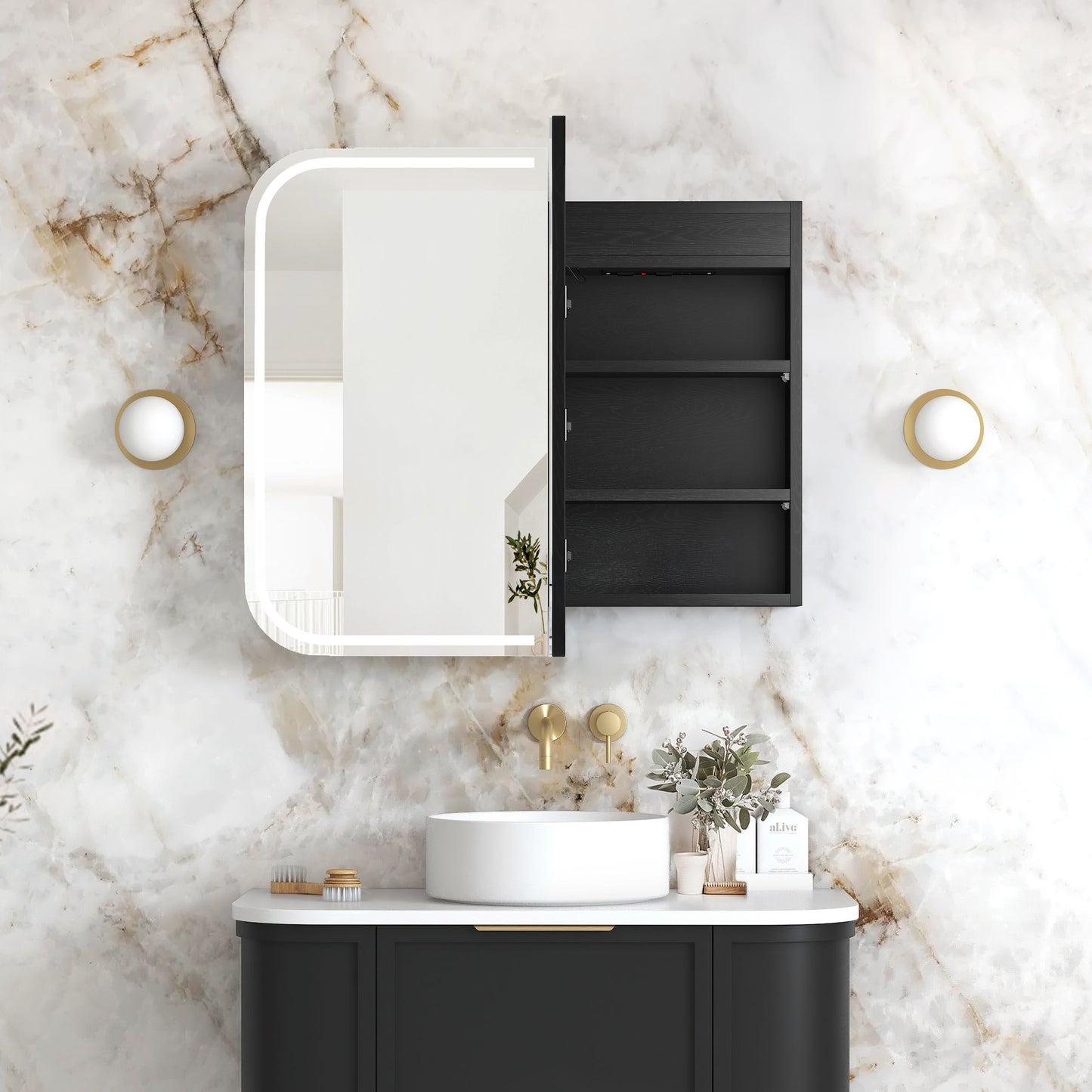 LED Newport 900x750 Black Oak Shaving Cabinet - Premium Edition