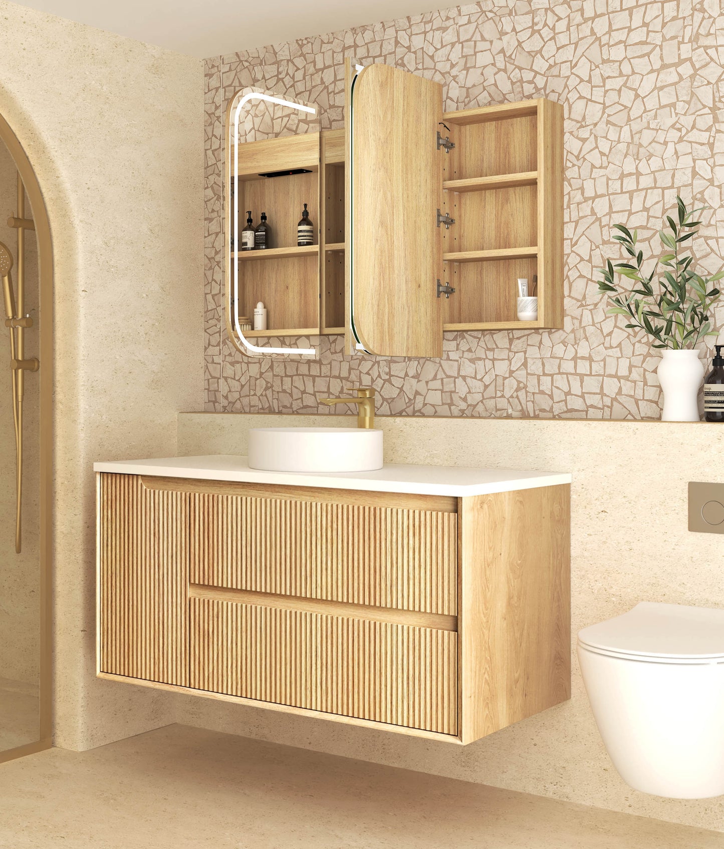 LED Newport 1200x750 Natural Oak Shaving Cabinet - Premium Edition