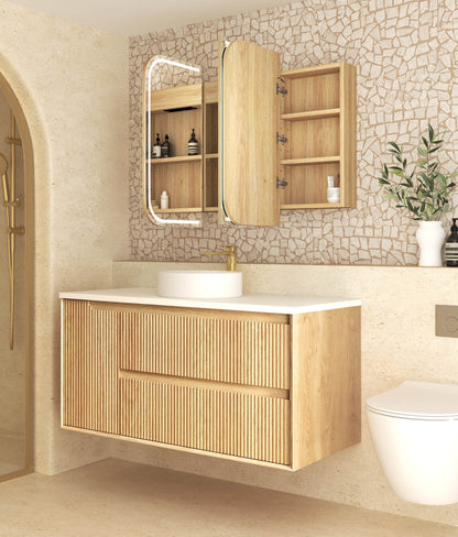 LED Newport 1200x750 Natural Oak Shaving Cabinet - Premium Edition