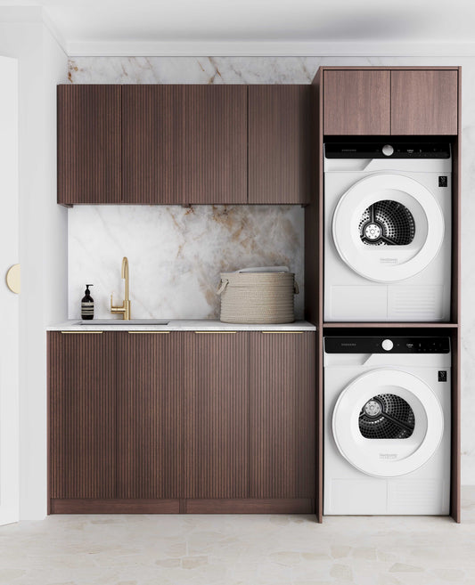 Laundry Kit 1960C Havana Sable Walnut Fluted with Natural Carrara Marble Top