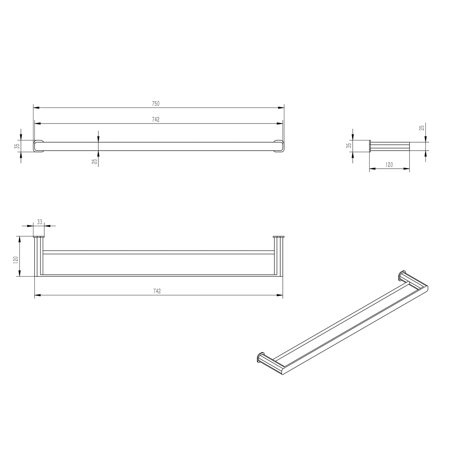 Oskar 750mm Brushed Nickel Double Towel Rail