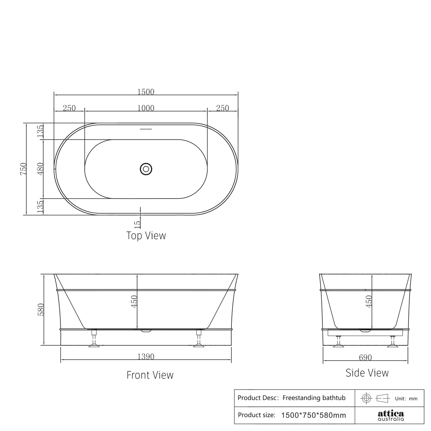 Attica Bondi 1500x800x580 Matte White Freestanding Bath with Overflow.
