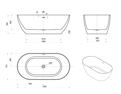 Attica Manolo 1530 Matte White Freestanding Bath with Overflow