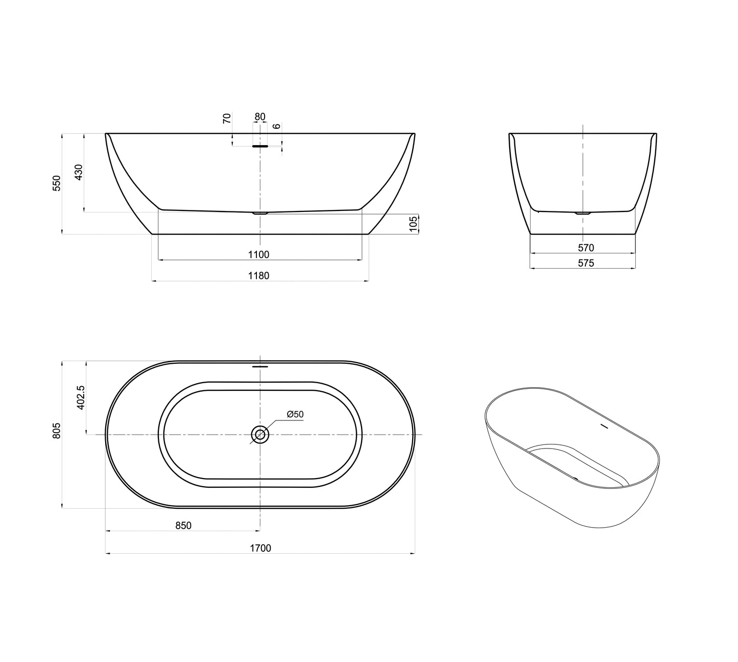 Attica Manolo 1700 Matte White Freestanding Bath with Overflow