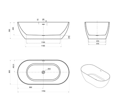 Attica Manolo 1700 Matte White Freestanding Bath with Overflow