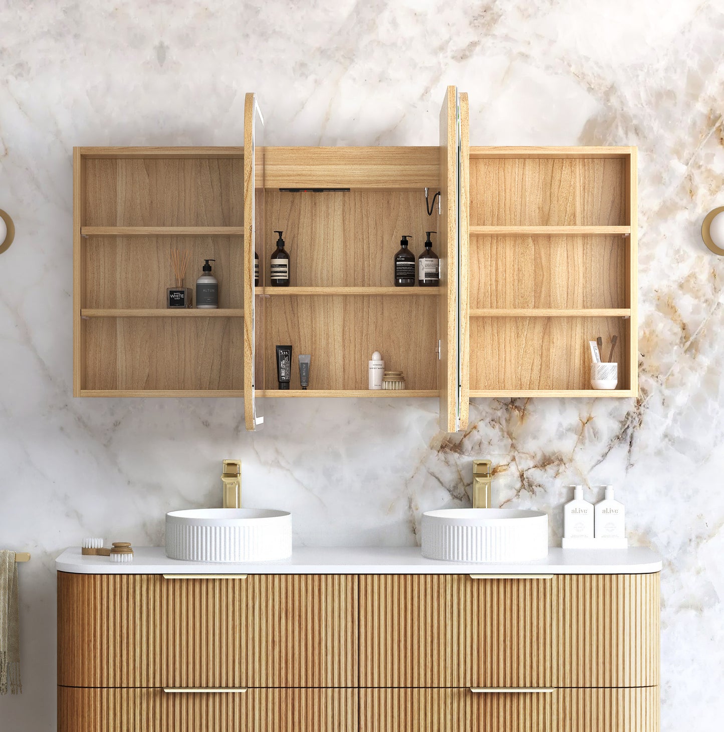 LED Newport 1500x750 Woodland Oak Shaving Cabinet - Premium Edition