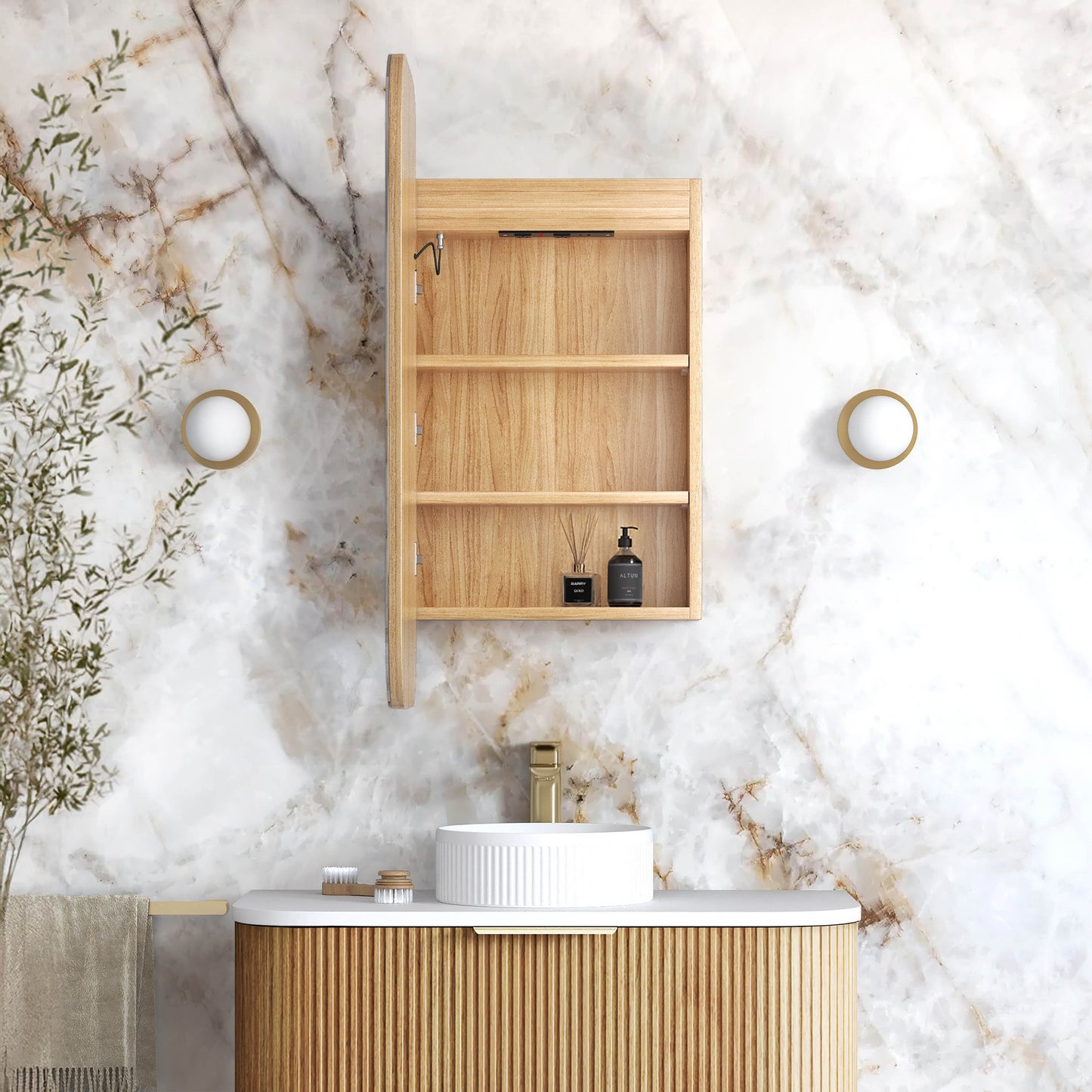 LED Newport 900x450 Woodland Oak Shaving Cabinet - Premium Edition