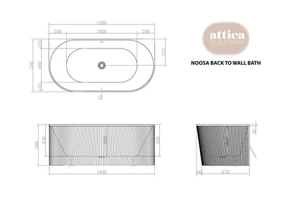 Attica Noosa 1500X750X580 Matte White Back to Wall Multi-fit Bath With Overflow
