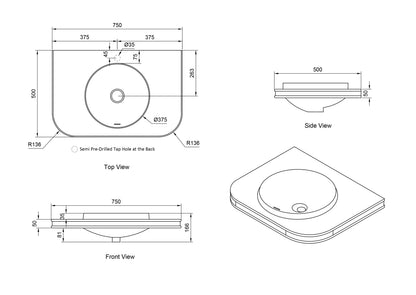 Havana English Edge 750x500x50 Matte White with Round Basin Top