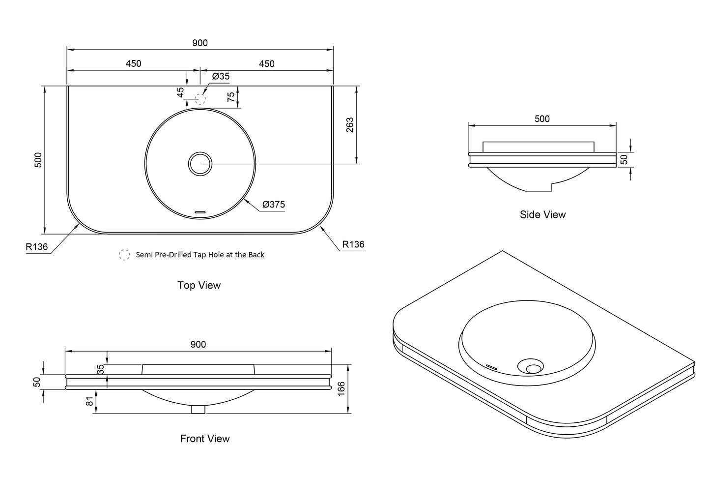 Havana English Edge 900x500x50 Matte White with Round Basin Top