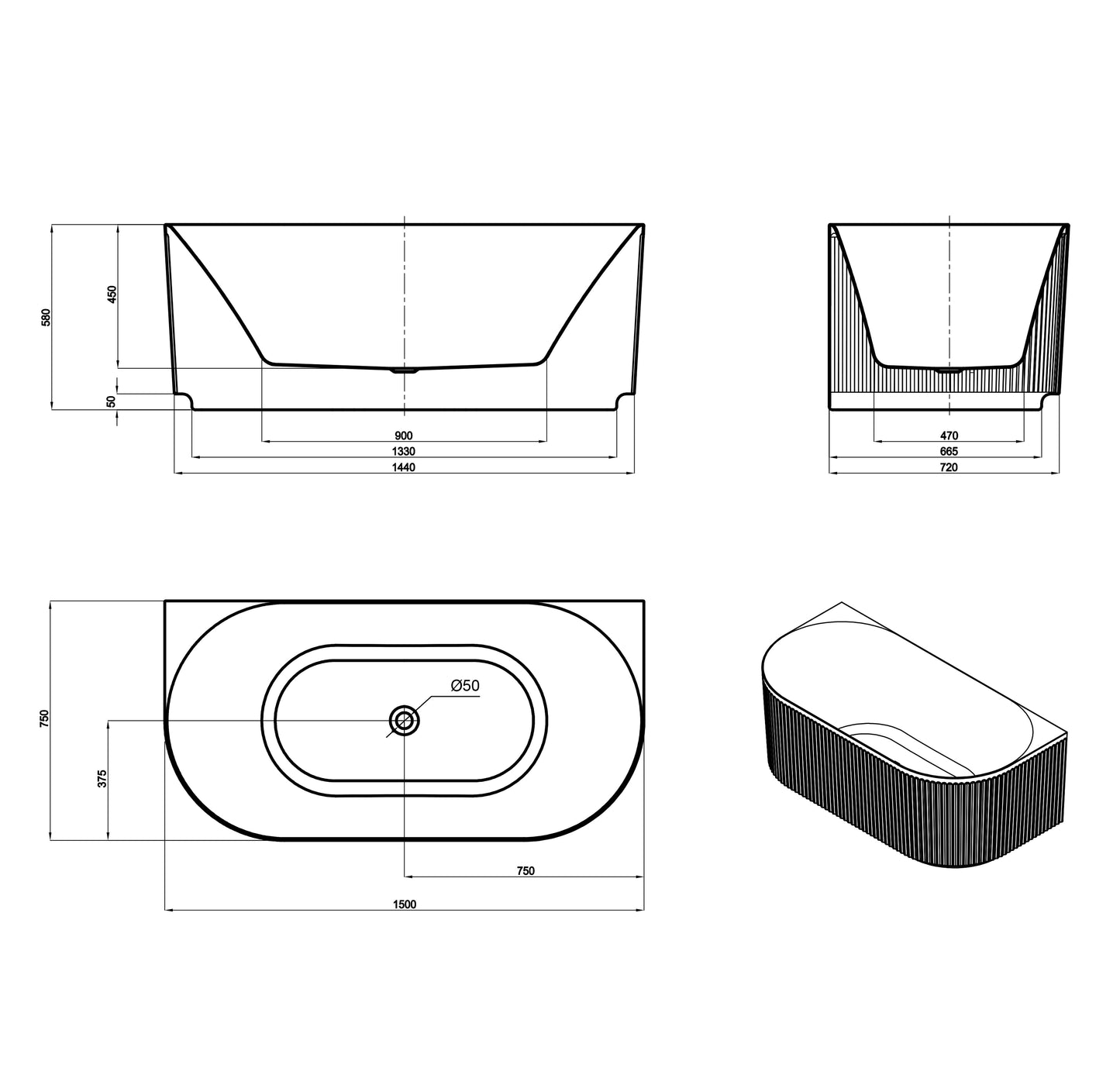 Attica Havana 1500 Matte White Back To Wall Bath with Overflow