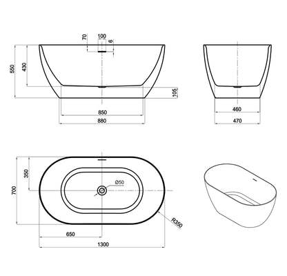 Attica Manolo 1300 Gloss White Freestanding Bath with Overflow