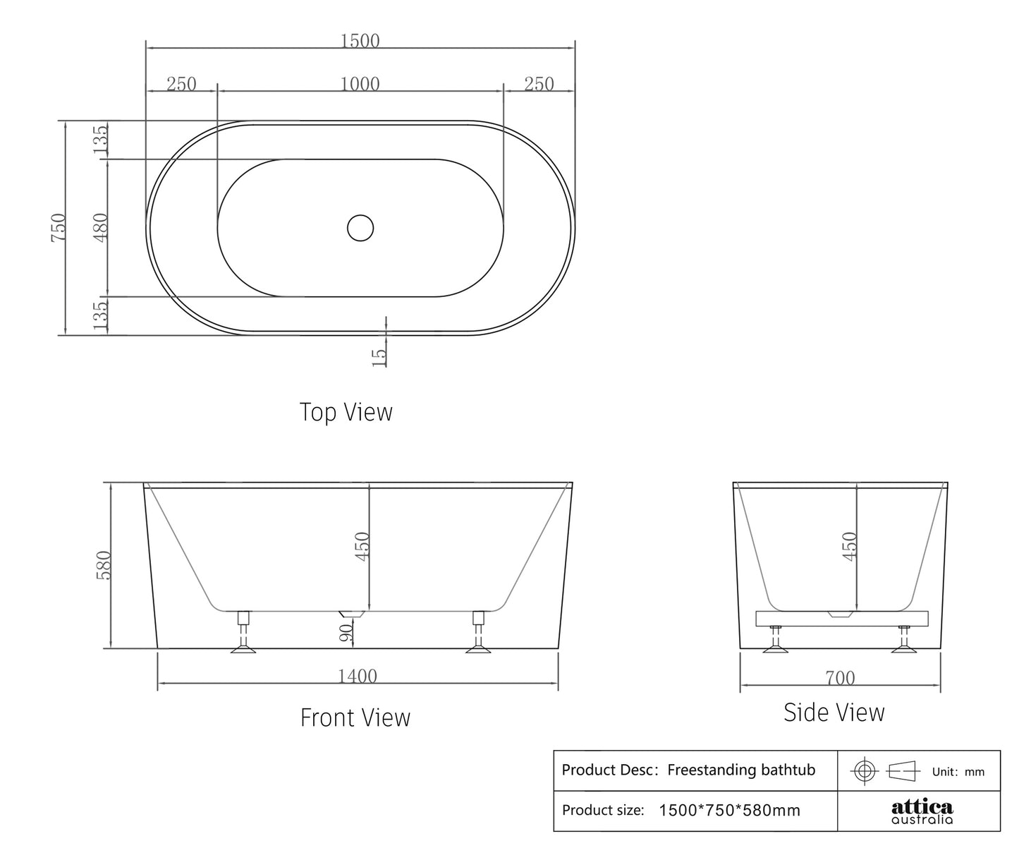 Attica Noosa 1500x750x580 Gloss White Freestanding Bath with Overflow