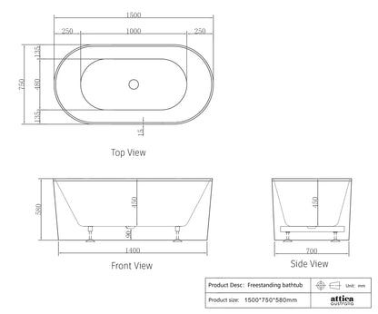 Attica Noosa 1500x750x580 Gloss White Freestanding Bath with Overflow