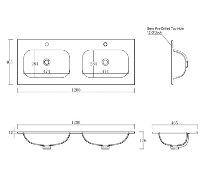 Chloe 1200x465 Silk Matte White Top with Double Basins