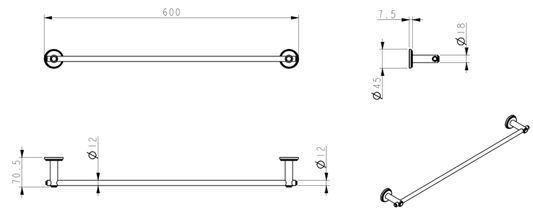 Mica Heritage Single Towel Rail - 600mm - Chrome