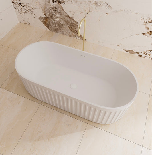 1700mm Ceto Cascade Cast Stone Solid Surface Bathtub - Overflow - Matte White