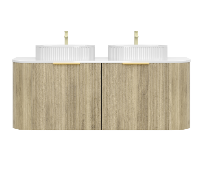 1500mm Artis Curved Wall Hung Vanity PVC - Big Drawer Cabinet Only - Single Bowl - Coastal Oak