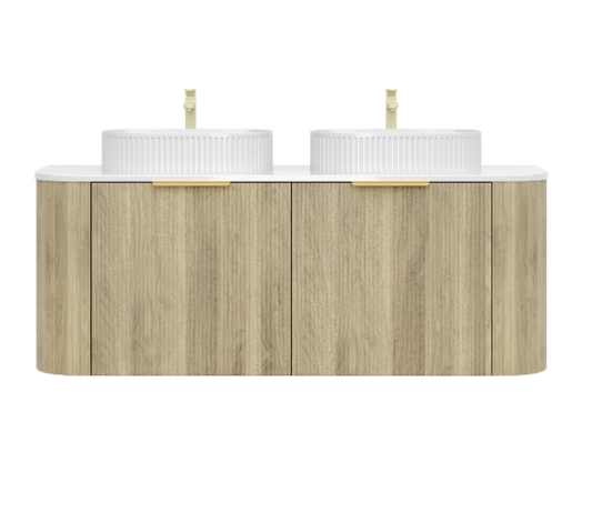 1500mm Artis Curved Wall Hung Vanity PVC - Big Drawer Cabinet Only - Single Bowl - Coastal Oak