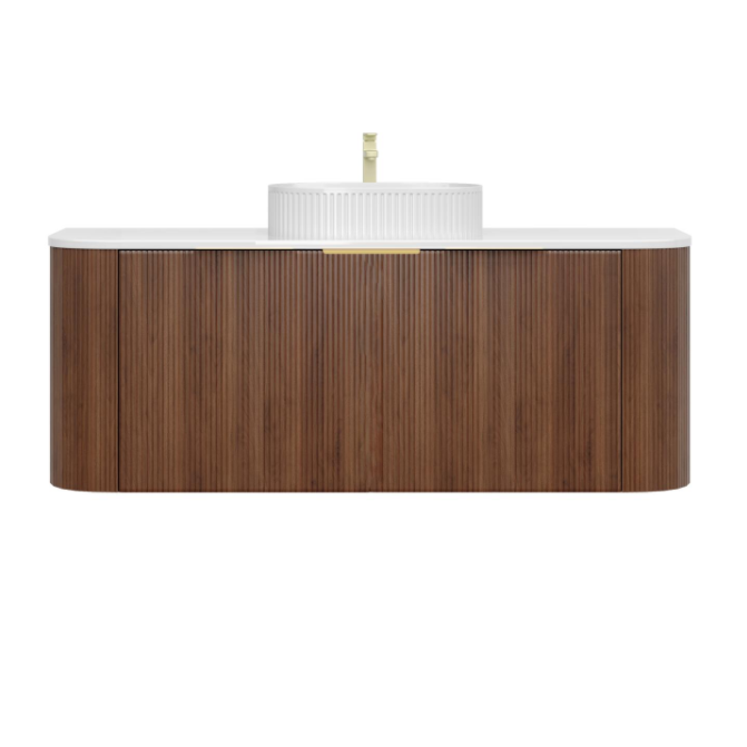 1200mm Artis Curved Wall Hung Vanity PVC - Single Drawer Cabinet Only - Single Bowl - Prime Oak