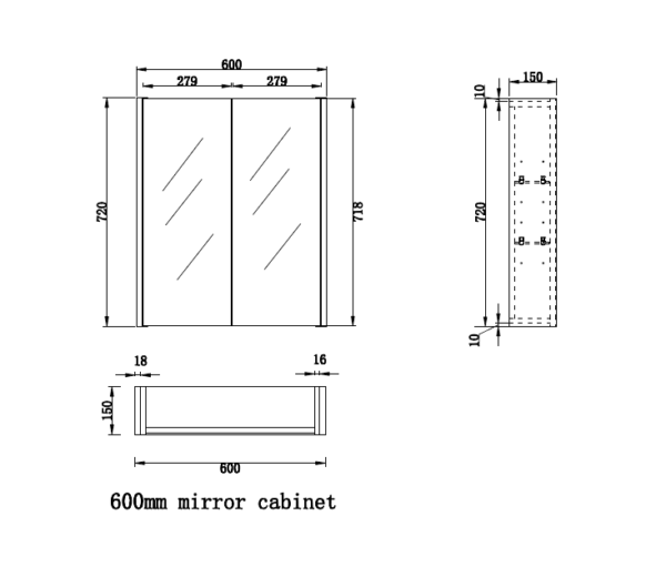 600mm Dark Oak Shaving Cabinet -W600xH720xD150