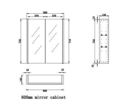 600mm Matt Black Fluted Shaving Cabinet -W600xH720xD150