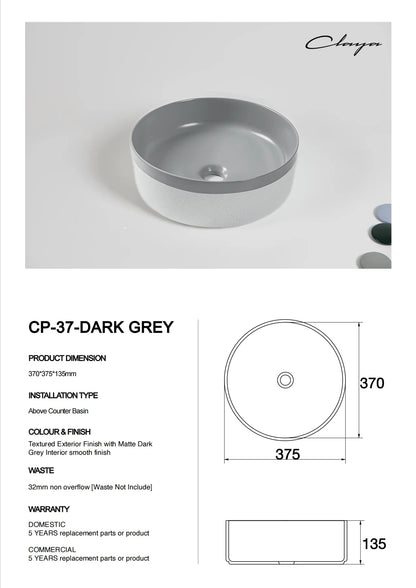 375*375*135mm Color Plus Textured Exterior Finish & Matte Dark Grey Interior Finish Above Counter Basin