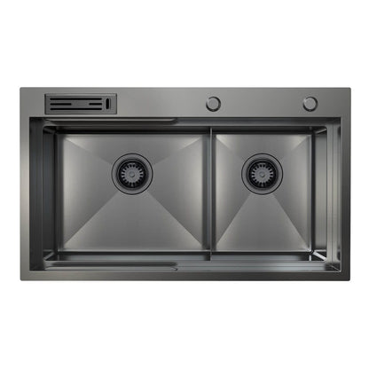 820mm Gun Metal Belle Luxe 1.0 Double Bowl Workstation Kitchen Sink - Slide Lip - Nano Coated 3mm Thick Stainless Steel Panel - Anti-Scratch