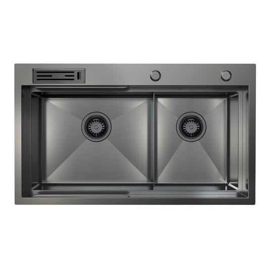 820mm Gun Metal Belle Luxe 1.0 Double Bowl Workstation Kitchen Sink - Slide Lip - Nano Coated 3mm Thick Stainless Steel Panel - Anti-Scratch