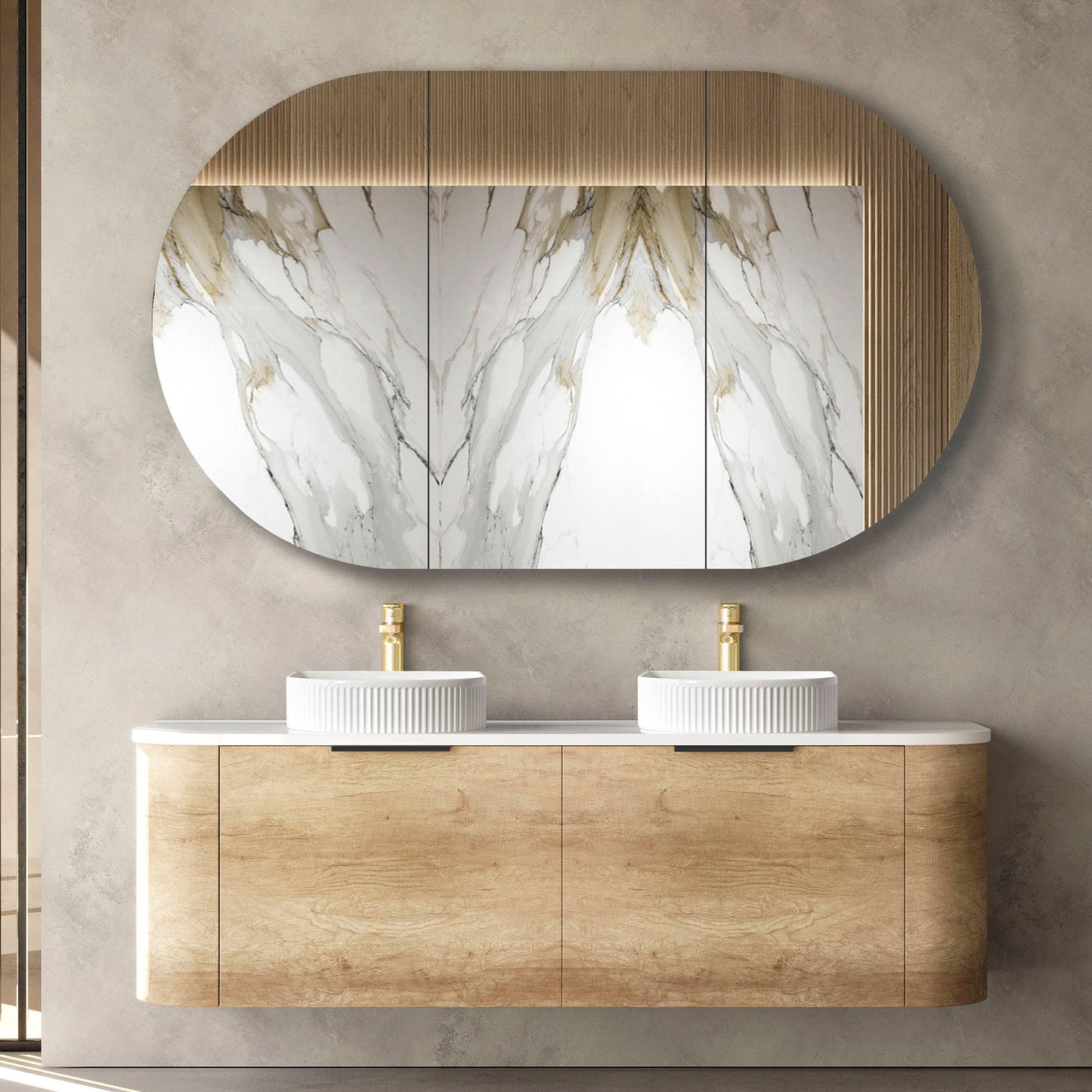 Bondi 1500mm Natural Oak Wall Hung Curve Cabinet Only