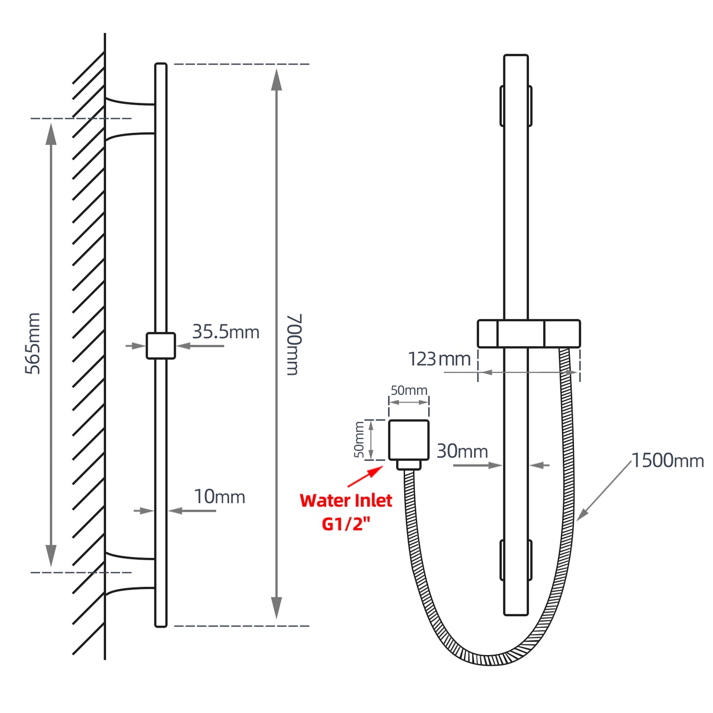Square Black Wall Mounted Sliding Rail with Water Hose & Wall Connector Only(PVC Hose)