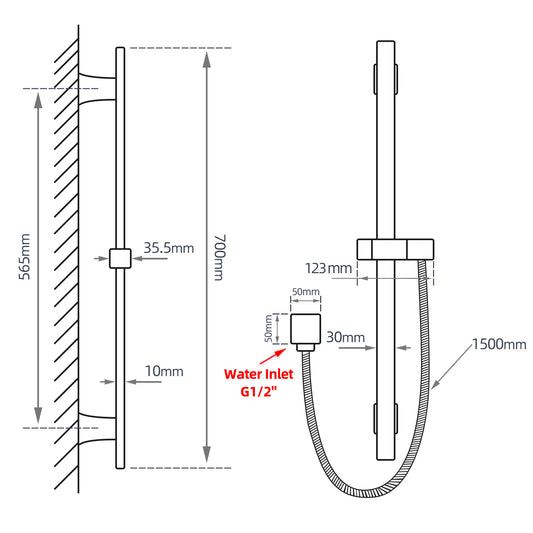 Square Black Wall Mounted Sliding Rail with Water Hose & Wall Connector Only(PVC Hose)