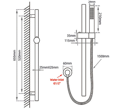 Round Black Stainless Steel Rail with Handheld Shower,Fixed Wall Connector Set