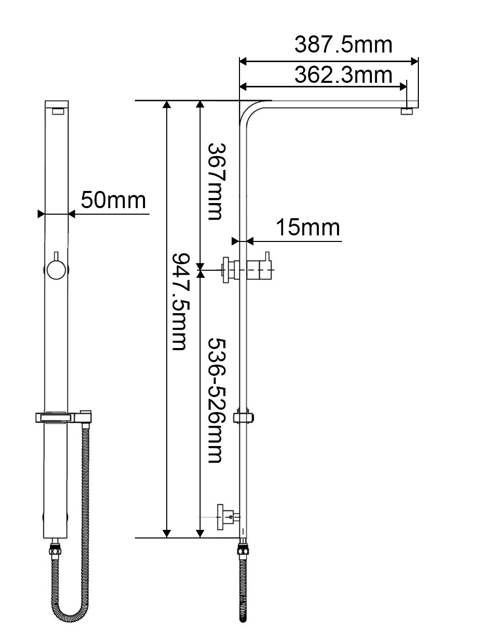 Square Black Shower Station without Shower Head and Handheld Shower(Wide Rail,Stainless Steel Hose)