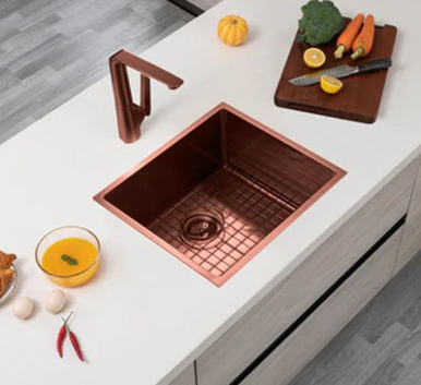 Round Corner Stainless Steel Copper PVD Coating Single Bowl Kitchen Sink(with Bottom Tray) 500*440*230mm