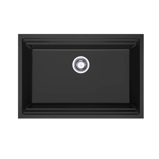 760mm Black Single Bowl Workstation Kitchen Sink with Steps - Granite