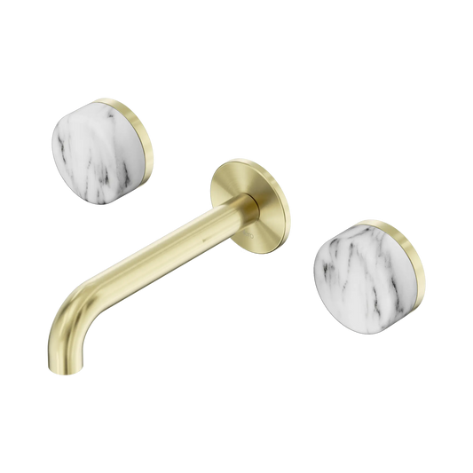 Serenity Wall Basin Set 160mm Spout With Arabescato Corchia Handle Brushed Gold