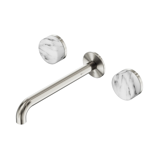 Serenity Wall Basin Set 220mm Spout With Arabescato Corchia Handle Brushed Nickel